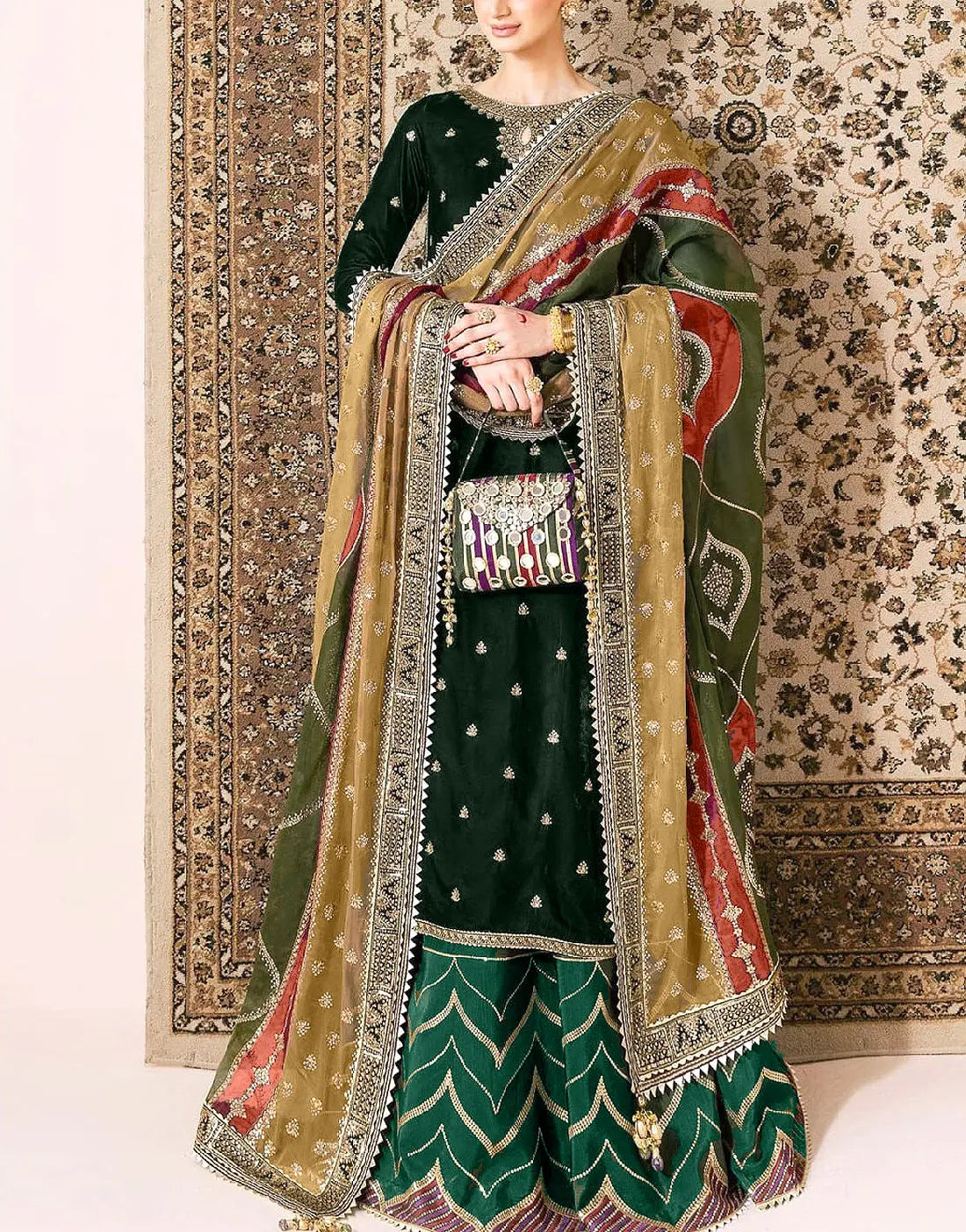 Glamorous Embroidered Emerald Green Velvet Wedding Dress with Multicolor Organza Dupatta