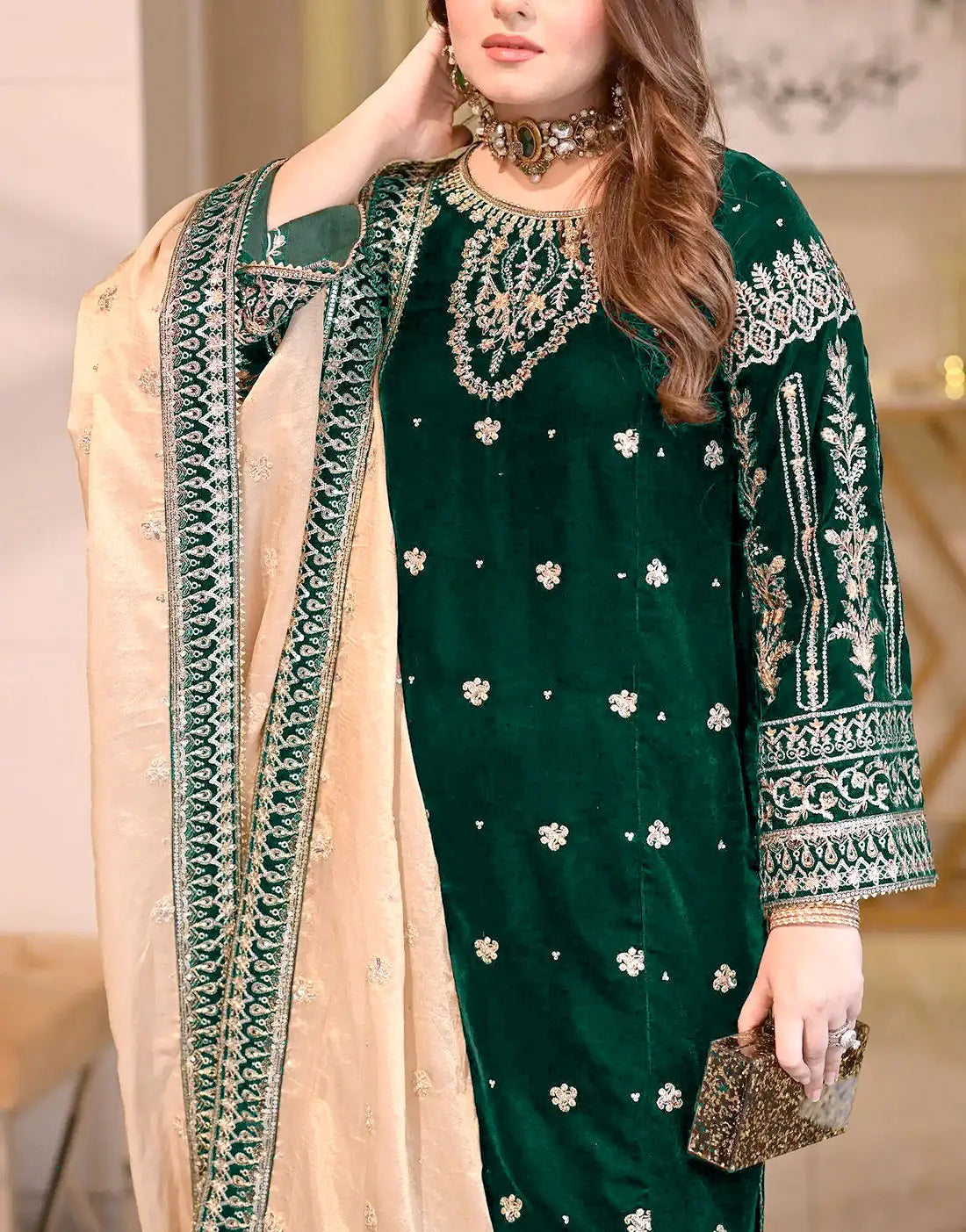 Luxe Embroidered with Handwork Bottle Green Velvet Dress - Perfect for Winter Events