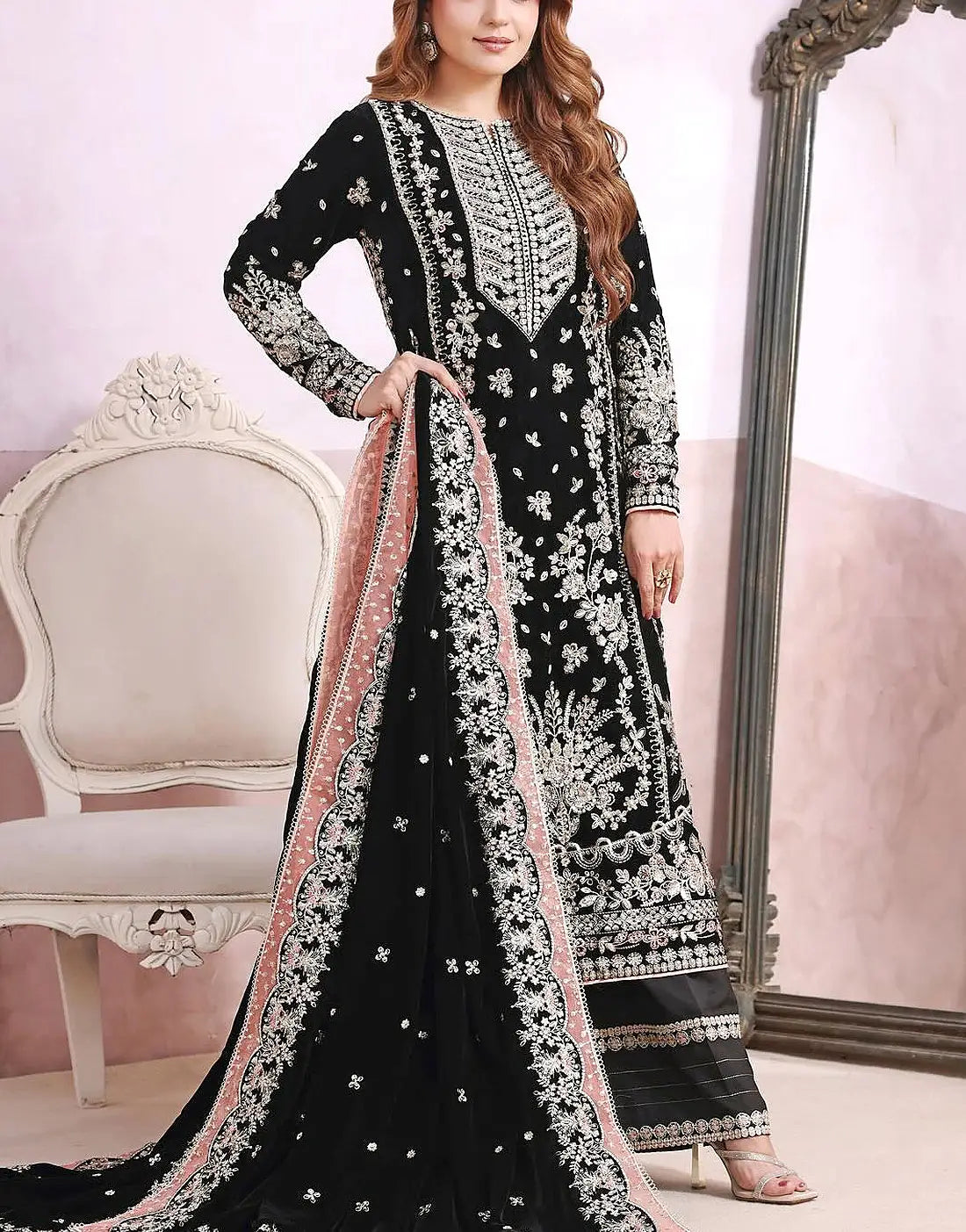 Aneela's Luxury Embroidered Black Velvet Dress with Rich Embellishments – A Most Hit Design