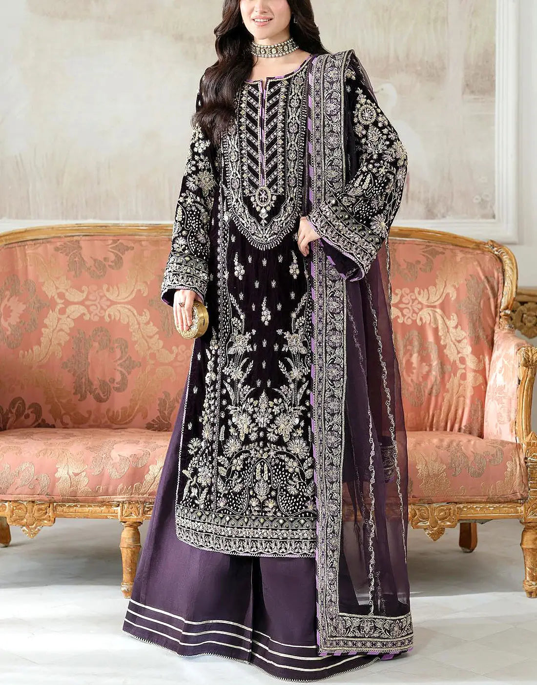 Luxurious Handwork Heavy Embroidered Velvet Dress with Organza Dupatta