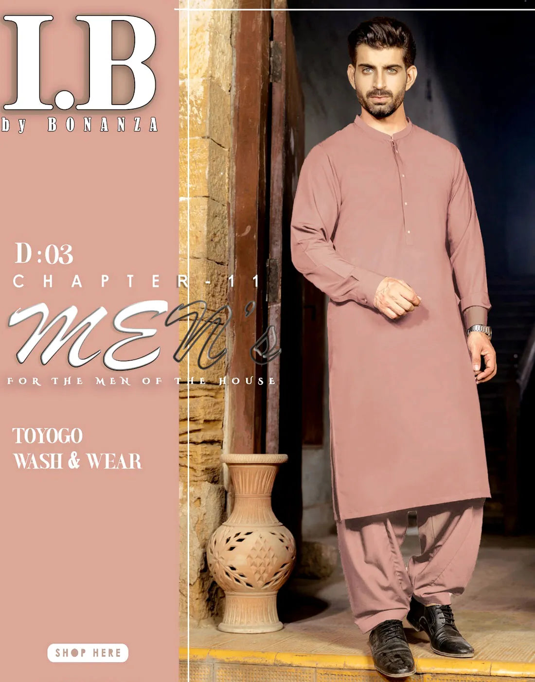 IB Unstitched Wash n Wear Muted Pink Shalwar Kameez for Men – Premium Quality Fabric