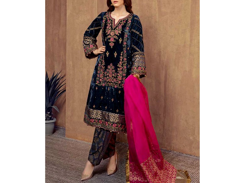 Heavy Embroidered Velvet Party Wear Dress with Jamawar Trouser