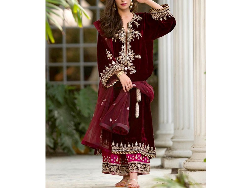 Heavy Embroidered Velvet Party Wear Dress with Jamawar Trouser