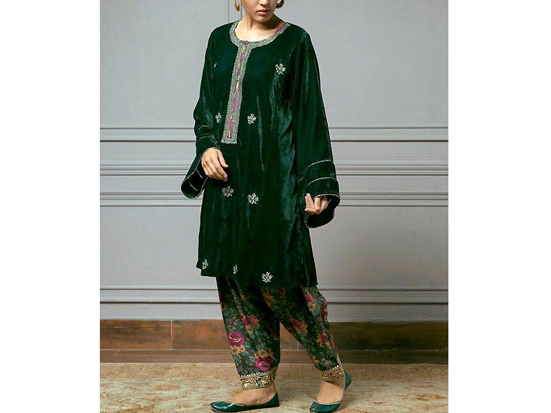 Heavy Embroidered Velvet Party Wear Dress with Jamawar Trouser