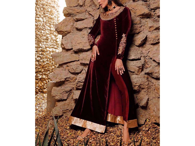 Heavy Embroidered Velvet Party Wear Dress with Jamawar Trouser