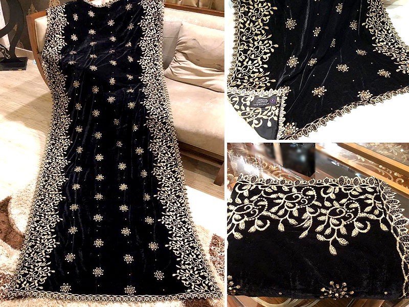 Heavy Embroidered Black 3-Piece Velvet Dress with Net Dupatta