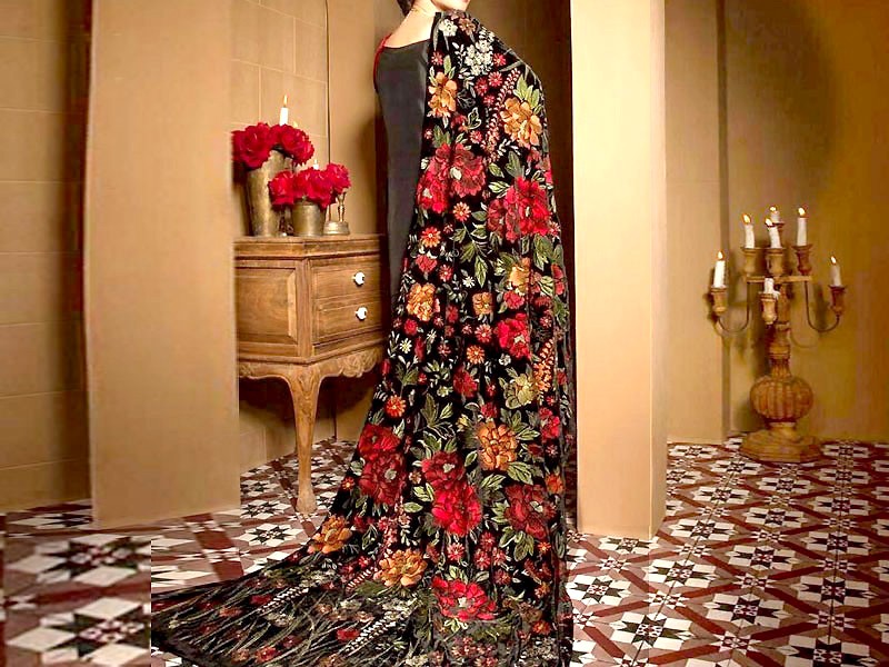 Heavy Embroidered Black 3-Piece Velvet Dress with Net Dupatta