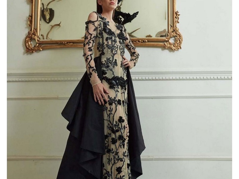Heavy Embroidered Black Chiffon Wedding Dress 2024