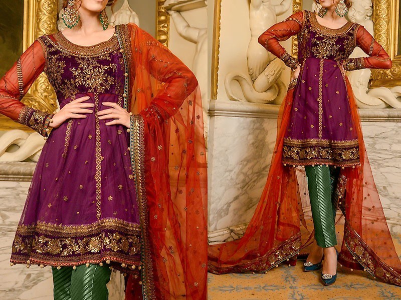 Heavy Embroidered Chiffon Bridal Dress with Embroidered Silk Trouser