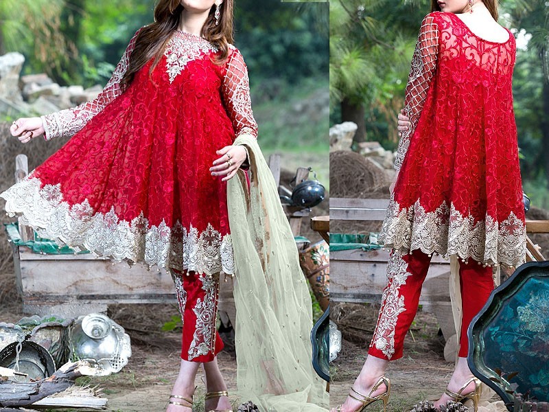 Heavy Embroidered Chiffon Bridal Dress with Embroidered Silk Trouser