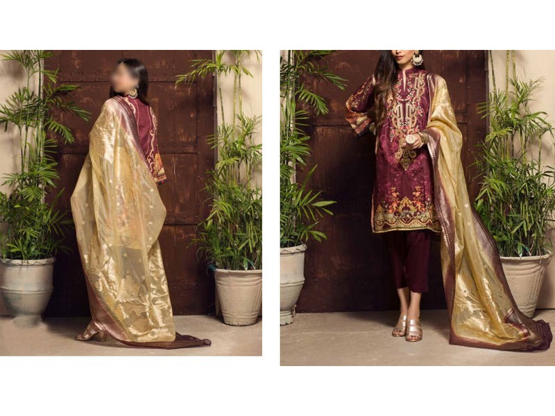 Banarsi Style Embroidered Raw Silk Dress with Lining Print Organza Dupatta