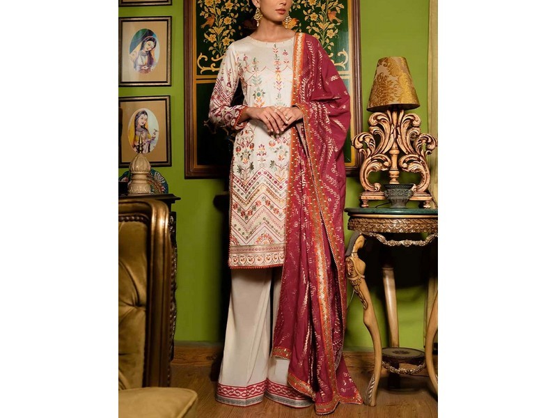 Embroidered Linen Dress with Wool Shawl Dupatta