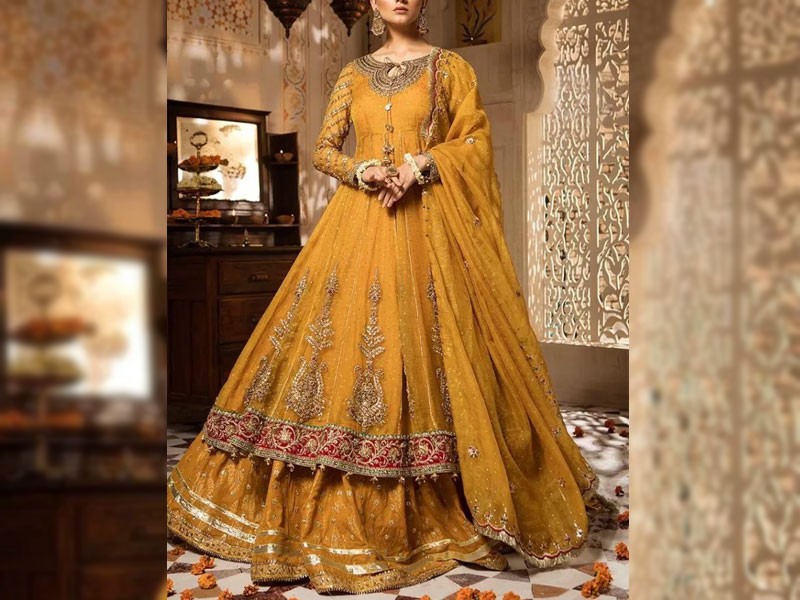 Heavy Embroidered Chiffon Bridal Dress with Embroidered Silk Trouser