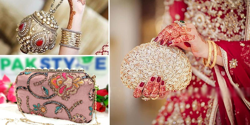 Ecru beaded bridal clutch with elegant embroidery