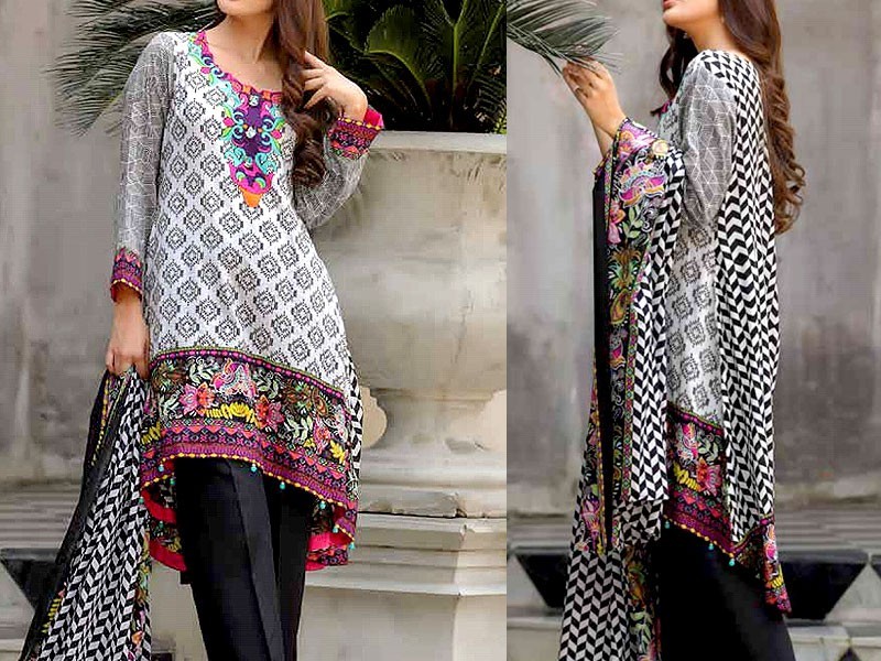 Embroidered EID Lawn Dress 2024 with Printed Chiffon Dupatta