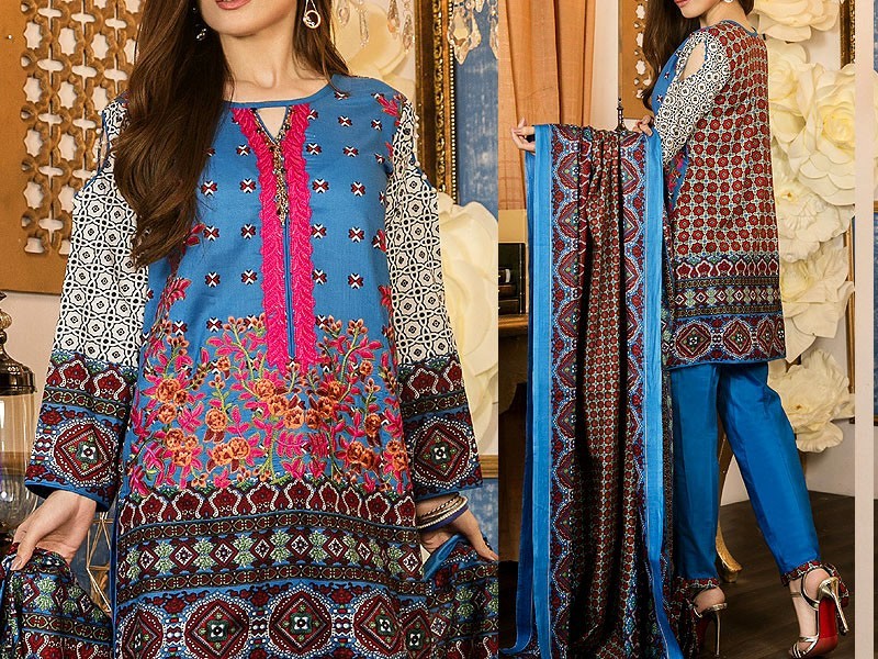 Embroidered EID Lawn Dress 2024 with Printed Chiffon Dupatta