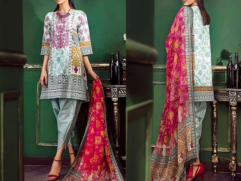 Embroidered EID Lawn Dress 2024 with Printed Chiffon Dupatta