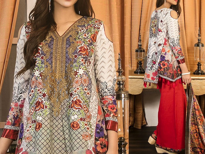 Embroidered EID Lawn Dress 2024 with Printed Chiffon Dupatta