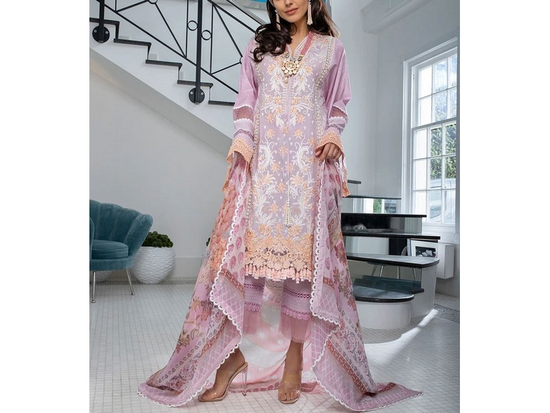 All-Over Print Embroidered Lawn Dress 2024 with Chiffon Dupatta