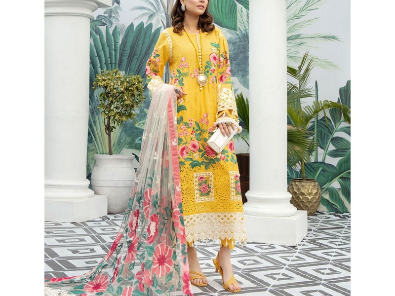 All-Over Print Embroidered Lawn Dress 2024 with Chiffon Dupatta