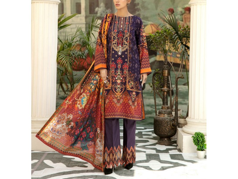 All-Over Print Embroidered Lawn Dress 2024 with Chiffon Dupatta