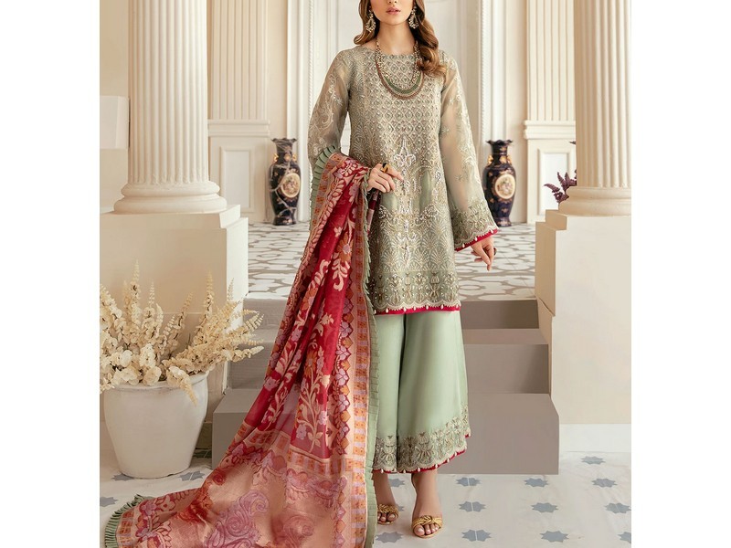 Heavy Embroidered Chiffon Bridal Dress with Embroidered Silk Trouser