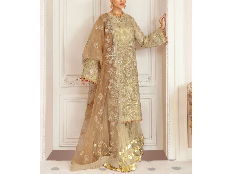 Heavy Embroidered Chiffon Bridal Dress with Embroidered Silk Trouser