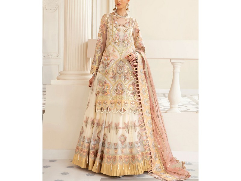 Heavy Embroidered Chiffon Bridal Dress with Embroidered Silk Trouser