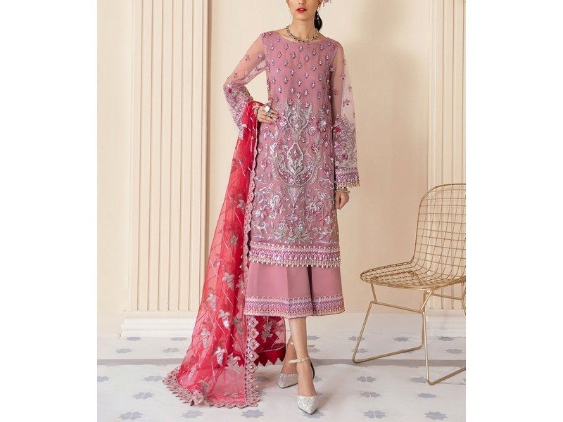 Heavy Embroidered Chiffon Bridal Dress with Embroidered Silk Trouser