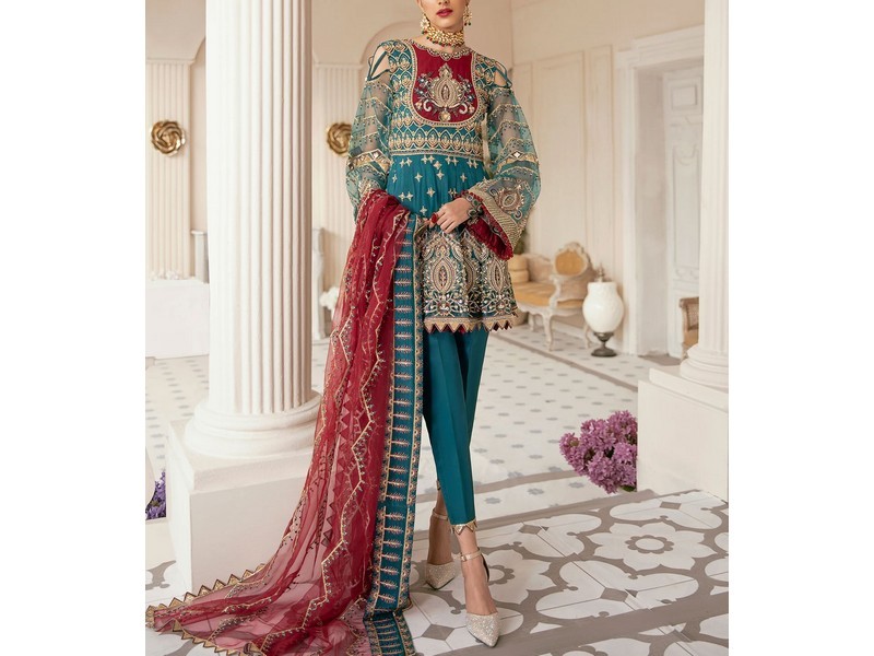 Heavy Embroidered Chiffon Bridal Dress with Embroidered Silk Trouser