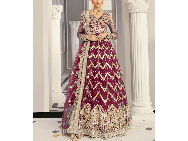 Heavy Embroidered Chiffon Bridal Dress with Embroidered Silk Trouser