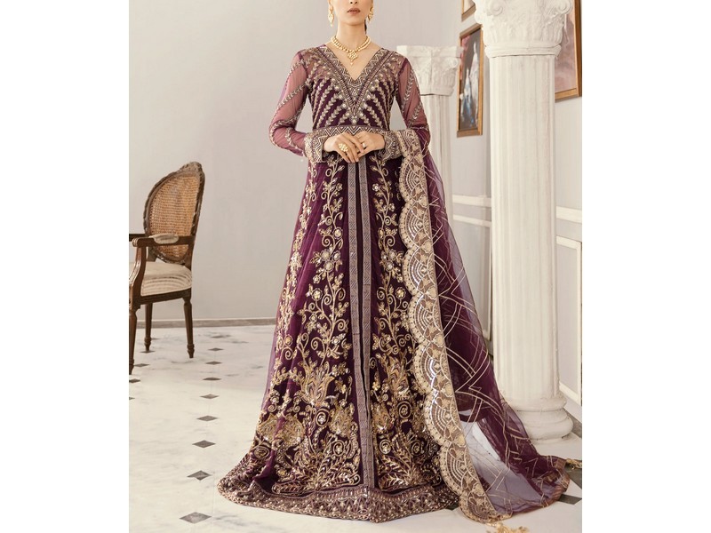 Heavy Embroidered Chiffon Bridal Dress with Embroidered Silk Trouser