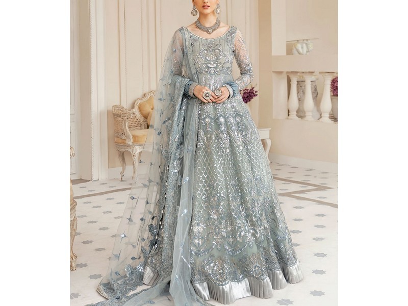 Heavy Embroidered Chiffon Bridal Dress with Embroidered Silk Trouser