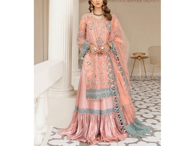 Heavy Embroidered Chiffon Bridal Dress with Embroidered Silk Trouser