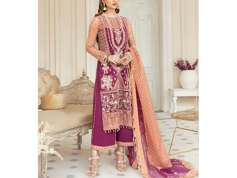 Heavy Embroidered Chiffon Bridal Dress with Embroidered Silk Trouser