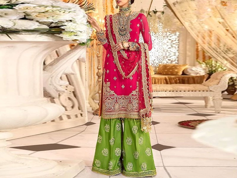 Embroidered Chiffon Wedding Dress 2024 with Embroidered Net Dupatta