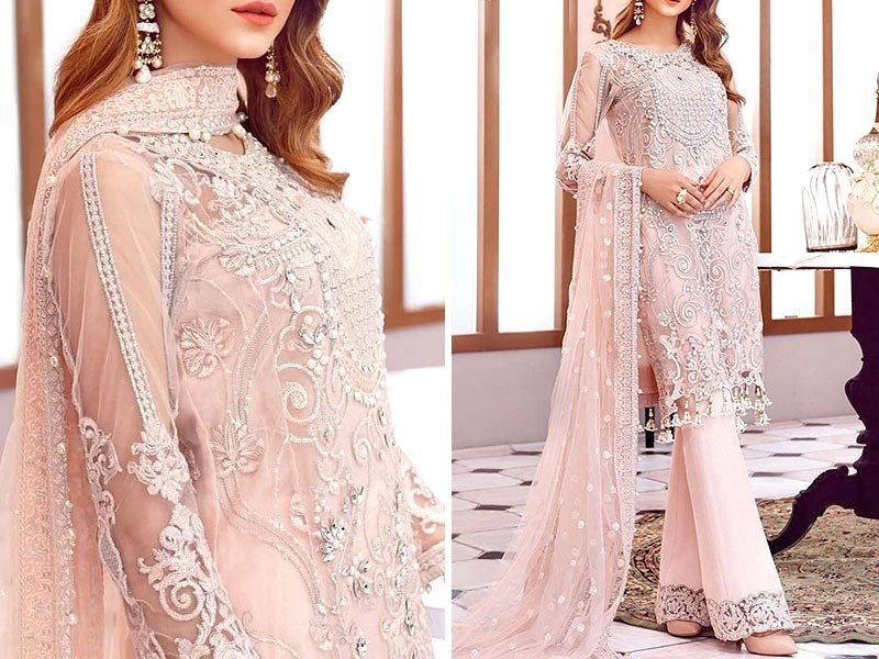 Embroidered Chiffon Wedding Dress 2024 with Embroidered Net Dupatta