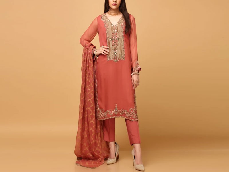 Elegant Embroidered Chiffon Party Wear Dress 2024