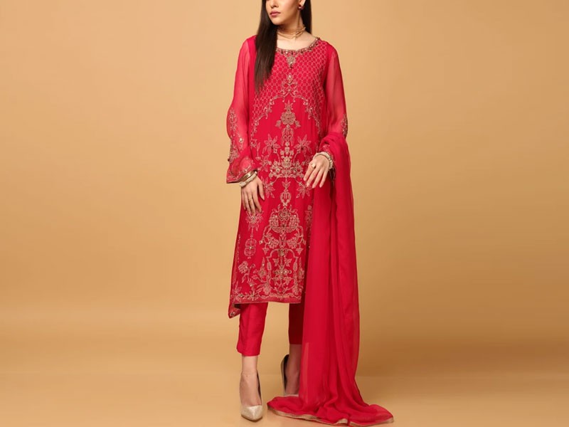 Elegant Embroidered Chiffon Party Wear Dress 2024