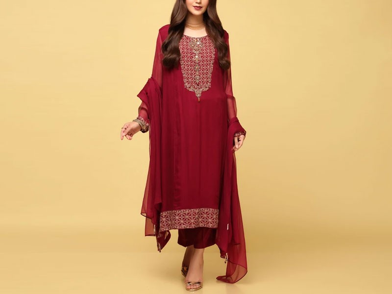 Elegant Embroidered Chiffon Party Wear Dress 2024