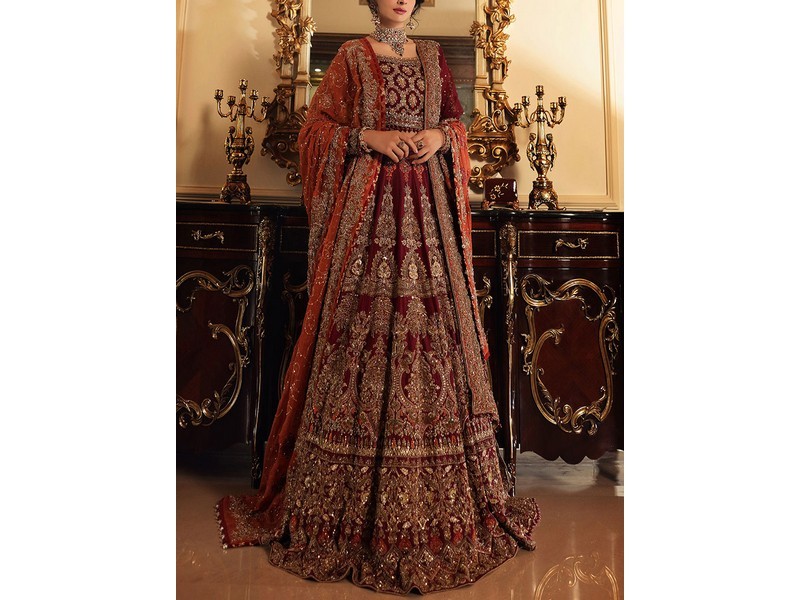 Elegant Embroidered Maroon Chiffon Party Dress 2024