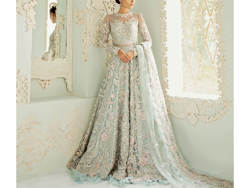 Heavy Embroidered Chiffon Bridal Dress with Embroidered Silk Trouser