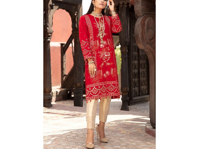 Heavy Embroidered 2-Piece Red Velvet Party Wear Dress