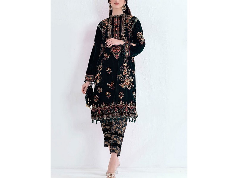 Adorable Embroidered Black Velvet Dress with Net Dupatta