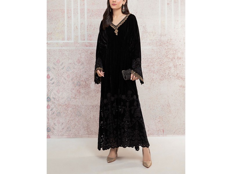 Heavy Embroidered Black Chiffon Party Wear Dress 2022