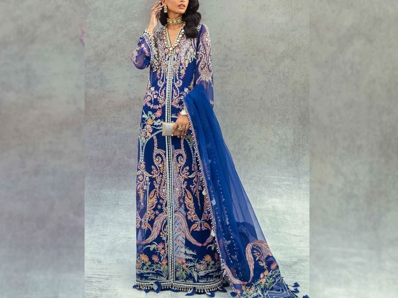 Embroidered Navy Blue Chiffon Wedding Dress