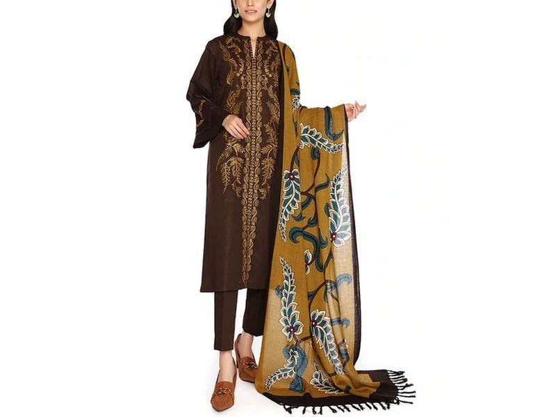 Embroidered Khaddar Dress with Wool Shawl Dupatta