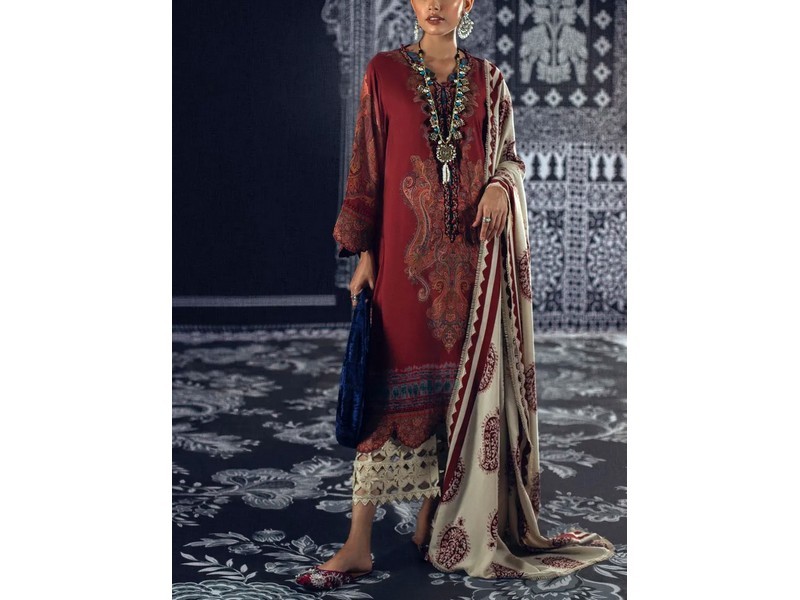 Embroidered Linen Dress with Wool Shawl Dupatta