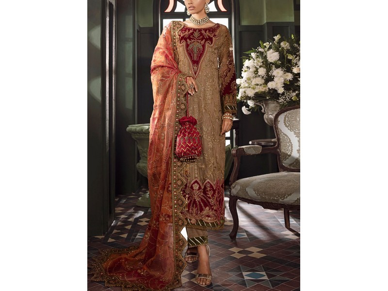 Heavy Embroidered Velvet Party Wear Dress with Jamawar Trouser