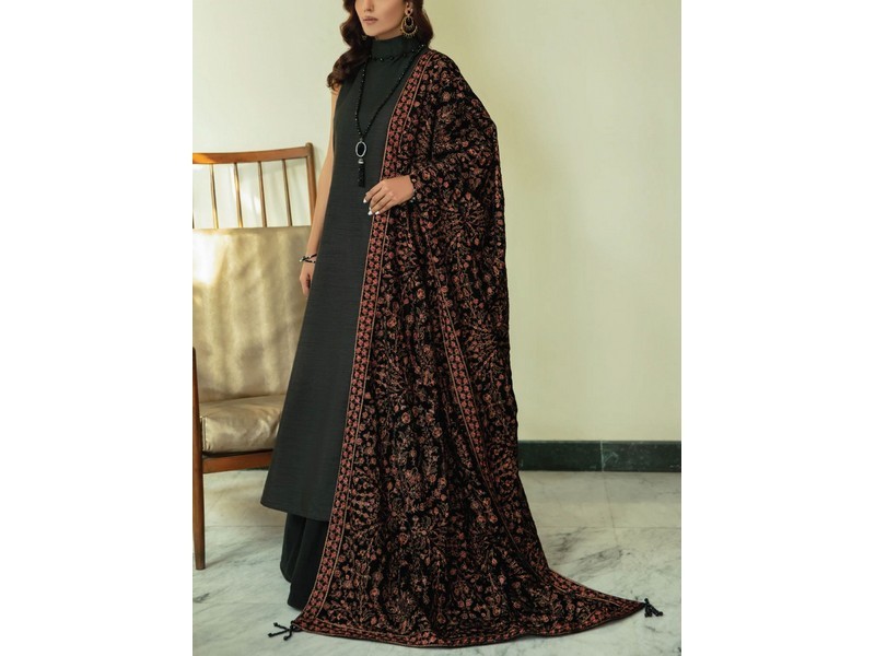 Heavy Embroidered Velvet Party Wear Dress with Jamawar Trouser